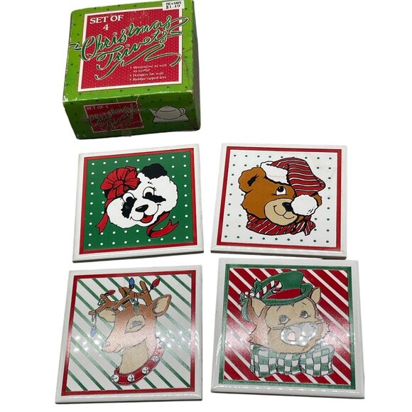 set of 4 Christmas trivets decorative wall hanging rubber feet bears cat READ - Picture 1 of 14